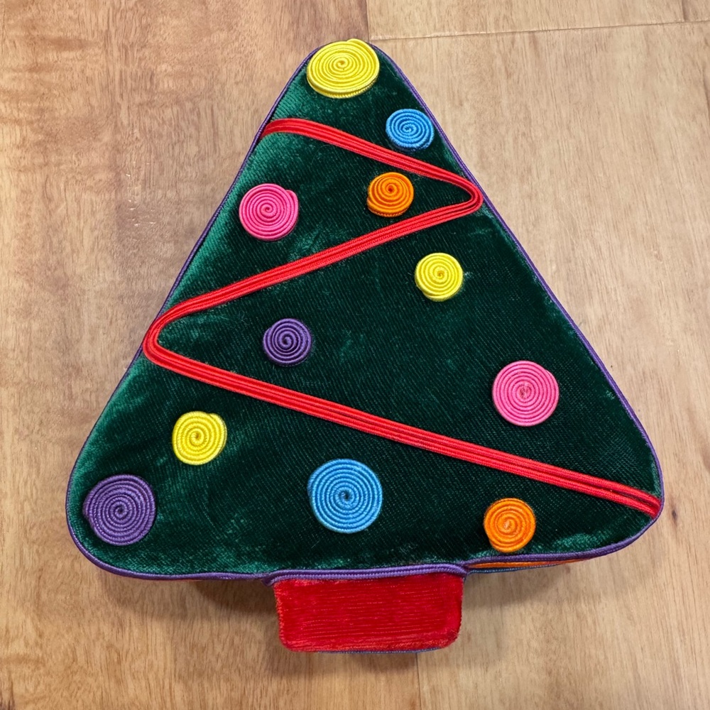 Vintage Christmas Decorated velvet Fabric Green Tree Gift Box 1998
